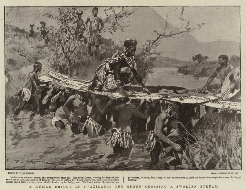 Een Menselijke Brug in Swaziland, de Koningin steekt een Gezwollen Stroom over door Frederic de Haenen