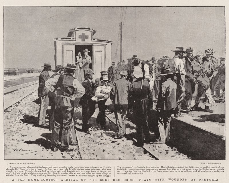 Een trieste thuiskomst, aankomst van de Boeren Rode Kruis-trein met gewonden in Pretoria door Frederic de Haenen