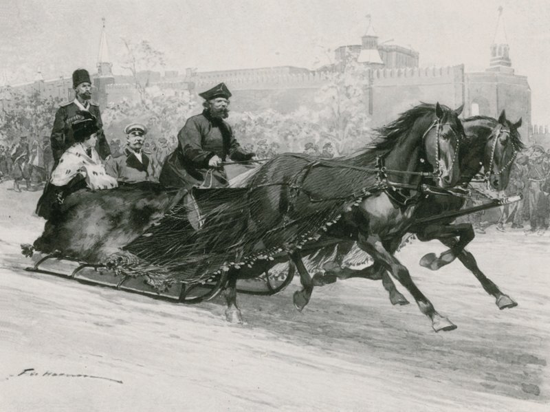Een slee met blauw zijden net, om te voorkomen dat de sneeuw de inzittenden besproeit, het Kremlin op de achtergrond door Frederic de Haenen