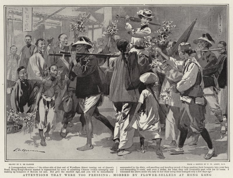 Te opdringerige attenties, belaagd door bloemenverkopers in Hong Kong door Frederic de Haenen