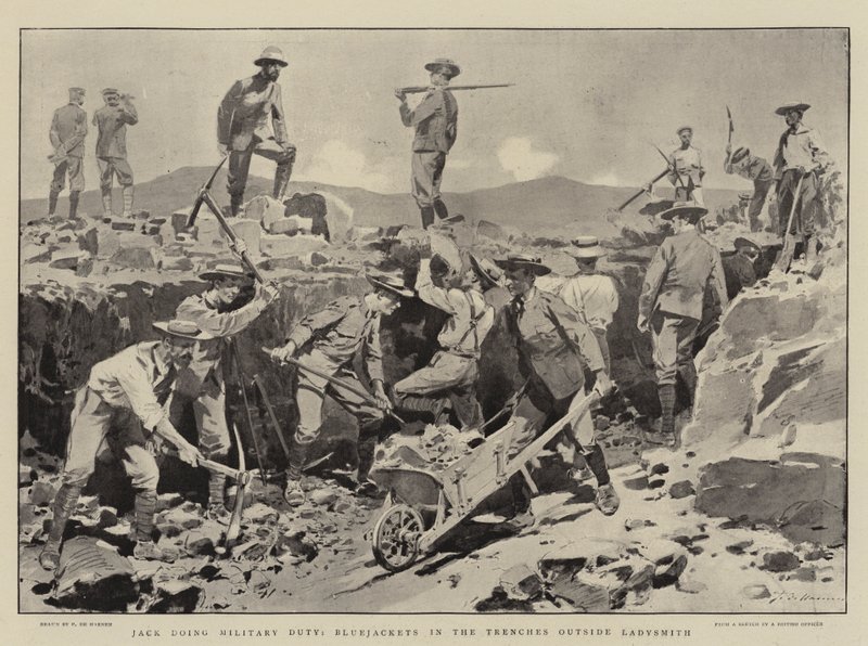 Jack doet militaire dienst, Bluejackets in de loopgraven buiten Ladysmith door Frederic de Haenen
