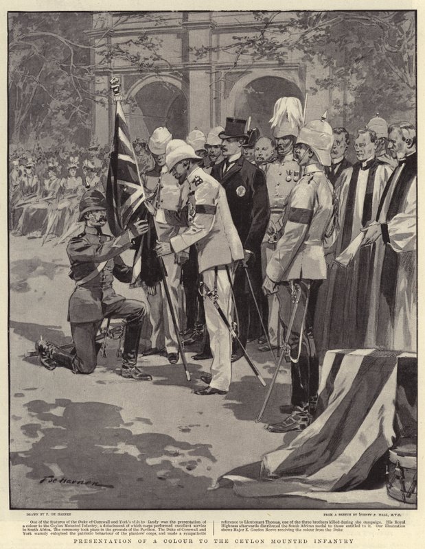 Presentatie van een kleur aan de Ceylon Mounted Infantry door Frederic de Haenen