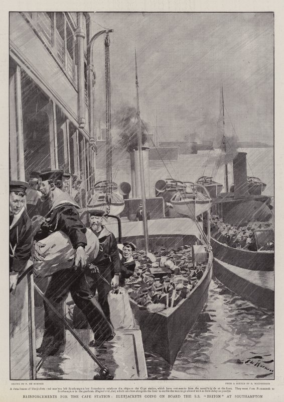 Versterkingen voor het Kaapstation, matrozen gaan aan boord van de SS Briton in Southampton door Frederic de Haenen