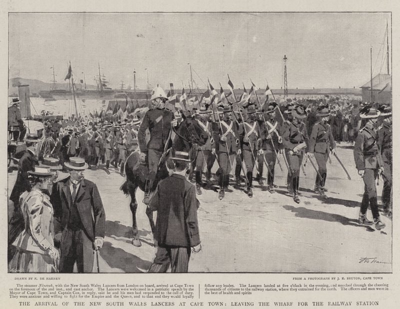 De aankomst van de New South Wales Lancers in Kaapstad, vertrek van de kade naar het treinstation door Frederic de Haenen