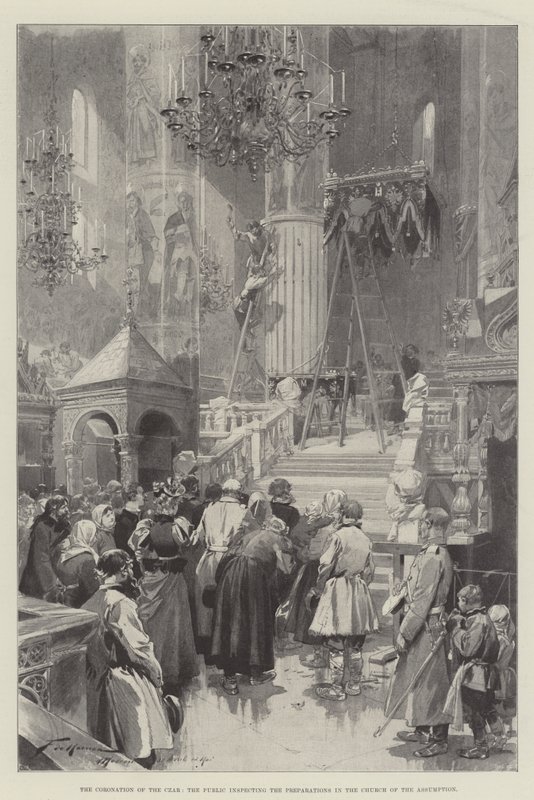 De kroning van de tsaar, het publiek inspecteert de voorbereidingen in de Kerk van de Hemelvaart door Frederic de Haenen