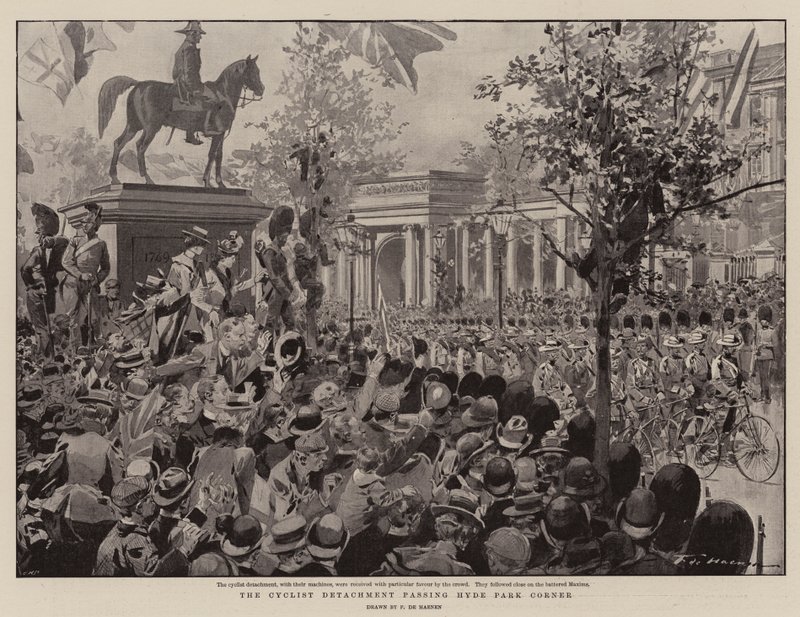 Het fietsendetachement passeert Hyde Park Corner door Frederic de Haenen