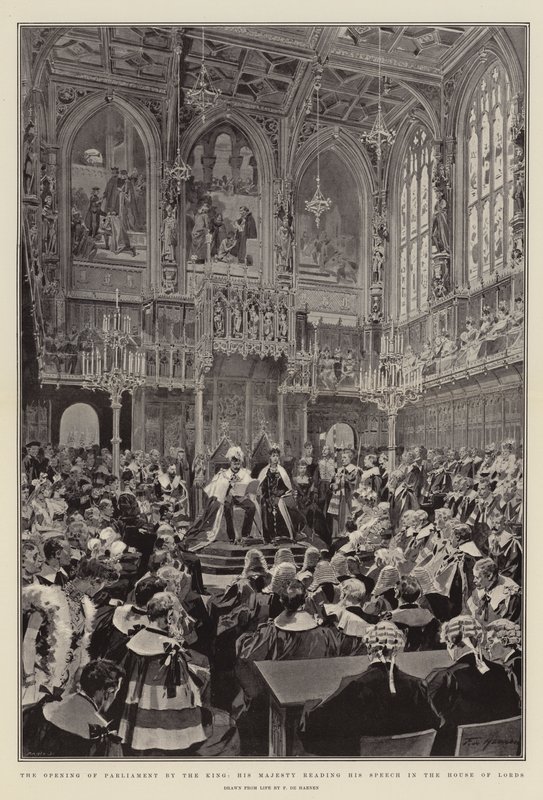 De opening van het parlement door de koning, Zijne Majesteit leest zijn toespraak in het House of Lords door Frederic de Haenen