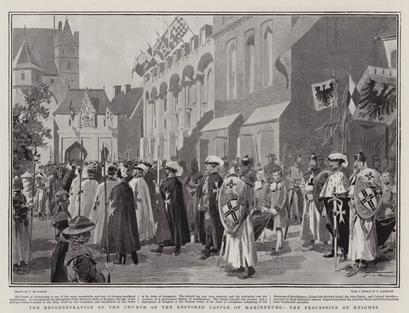 De herinwijding van de kerk van het gerestaureerde kasteel van Marienburg, de processie van ridders door Frederic de Haenen