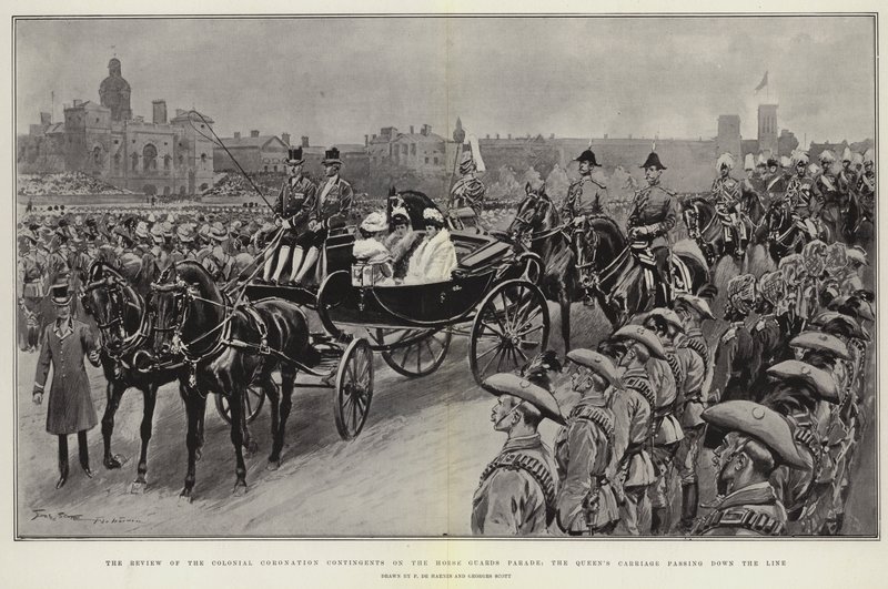 De Review van de Koloniale Kroningsdetachementen op de Horse Guards Parade, de Koets van de Koningin die langs de Lijn rijdt door Frederic de Haenen