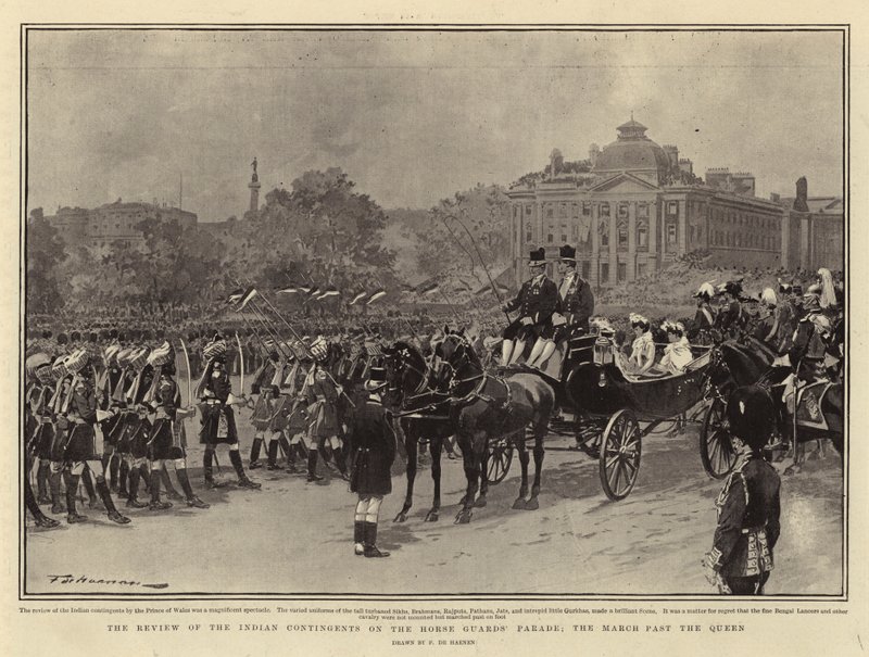 De Review van de Indiase Contingenten op de Horse Guards Parade, de Mars Langs de Koningin door Frederic de Haenen