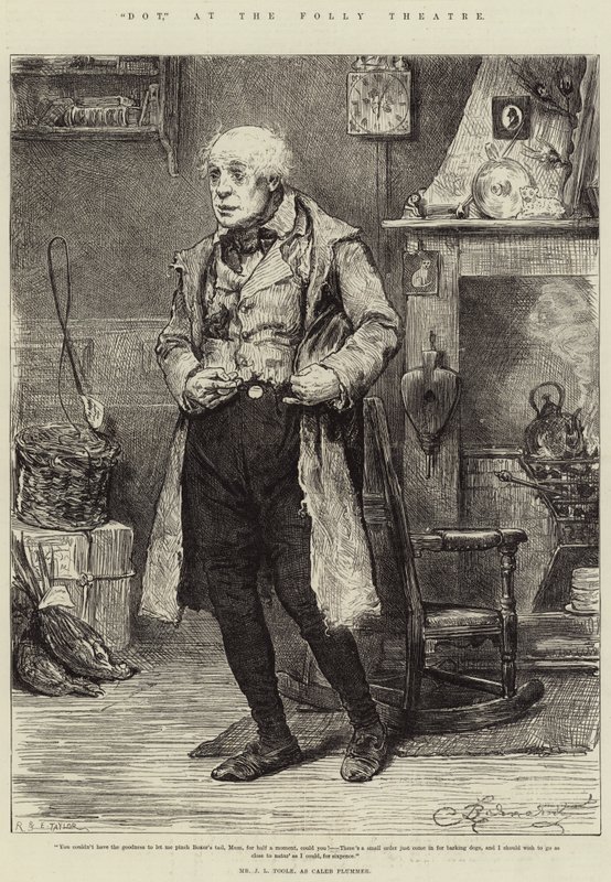 Dot, in het Folly Theatre, Mr J L Toole, als Caleb Plummer door Frederick Barnard