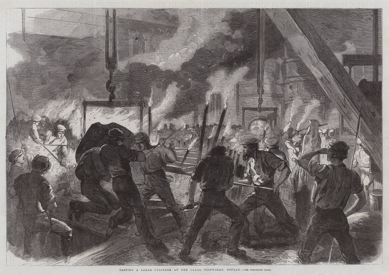 Gieten van een grote cilinder bij de Canal Ironworks, Poplar door Frederick John Skill