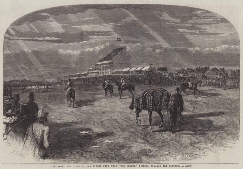De Derby Dag, Uitzicht op de Baan vanaf de Hoek, kijkend naar de Paddock door Frederick John Skill