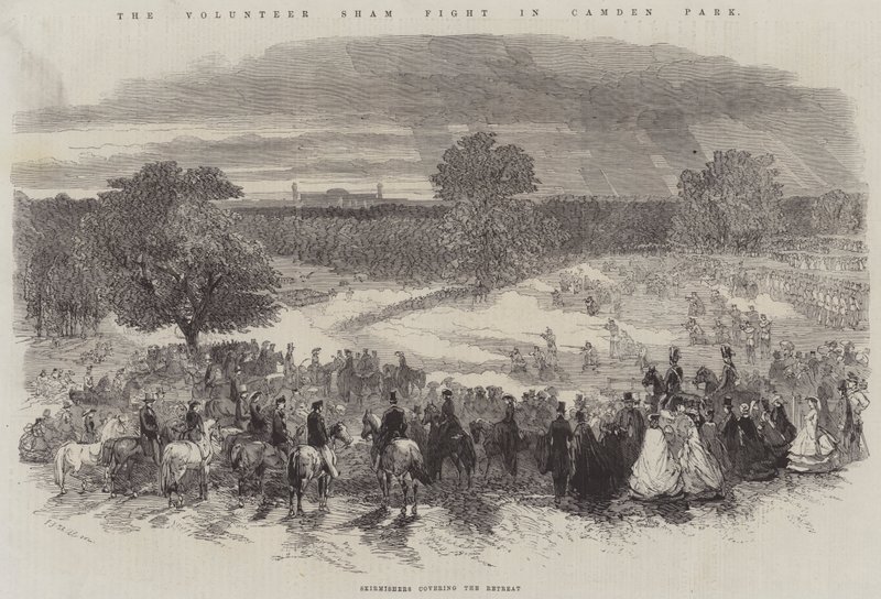 Het vrijwillige schijngevecht in Camden Park, scherpschutters dekken de terugtocht door Frederick John Skill