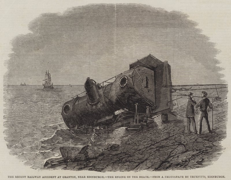 Het recente spoorwegongeluk bij Granton, nabij Edinburgh, de locomotief op het strand door Frederick Morgan