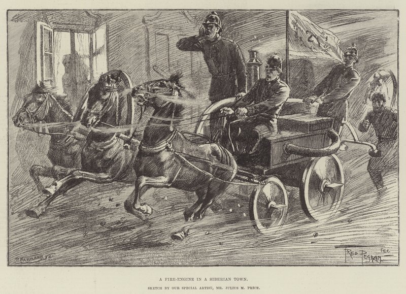 Een brandweerwagen in een Siberische stad door Frederick Pegram