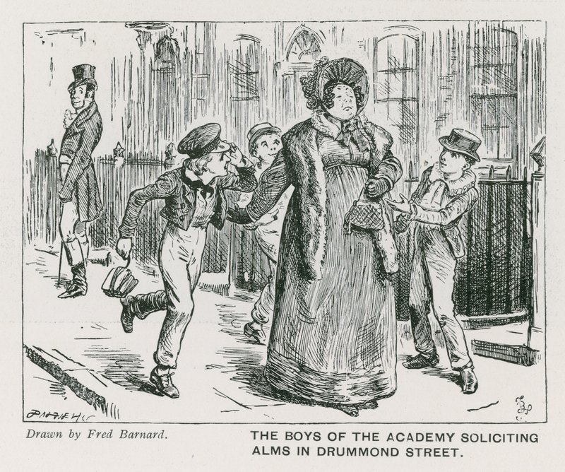 De jongens van de Wellington House Academy bedelen om aalmoezen in Drummond Street (gravure) door Frederick (after) Barnard