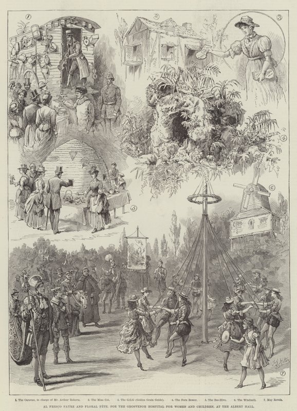 Al Fresco Fayre en Bloemenfeest, voor het Grosvenor Ziekenhuis voor Vrouwen en Kinderen, in de Albert Hall door Frederick George Kitton