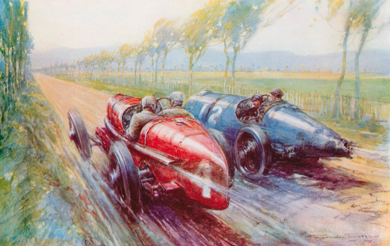 Felice Nazzaro won de Grand Prix van 1922 met een van de nieuwe en zeer snelle Fiats door Frederick Gordon (after) Crosby