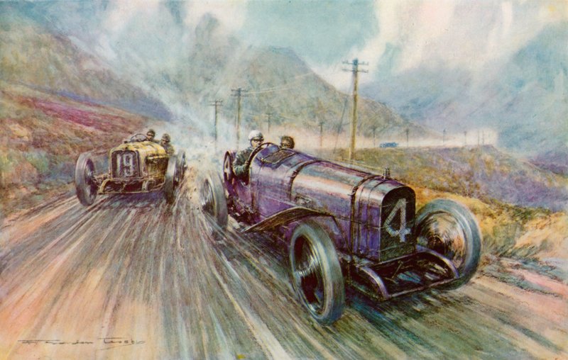 K Lee Guinness met de Sunbeam in de tweedaagse 600-mijl Tourist Trophy race op het Isle of Man, die hij won met 56,44 mph door Frederick Gordon (after) Crosby