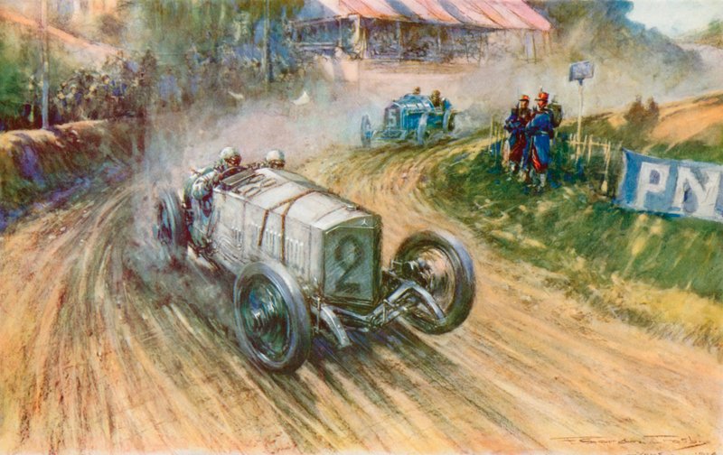 Lautenschlager met de Duitse Mercedes en Boillot met de Franse Peugeot in hun grote strijd tijdens de Grand Prix van 1914 door Frederick Gordon (after) Crosby