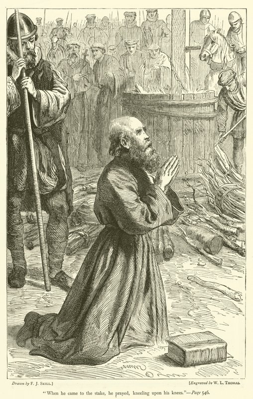 Toen hij bij de brandstapel kwam, bad hij, knielend op zijn knieën door Frederick John Skill
