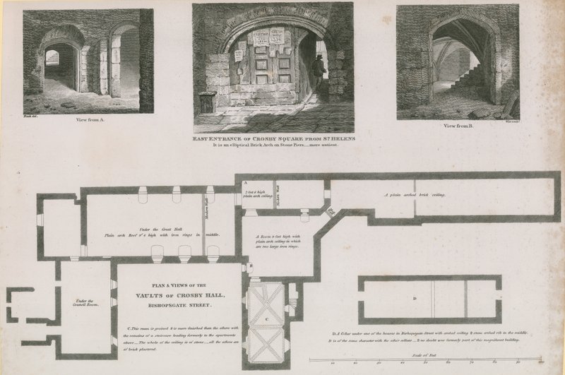 Grondplan en uitzichten van gewelven van Crosby Hall, Bishopsgate Street door Frederick Nash