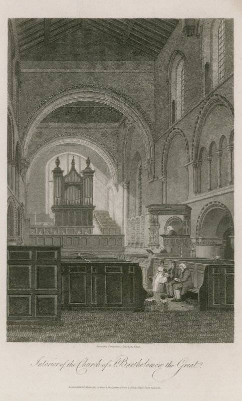 Interieur van de kerk van St. Bartholomew the Great door Frederick Nash
