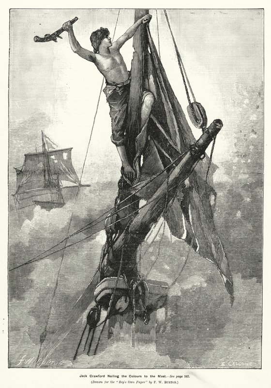 Jack Crawford spijkert de kleuren aan de mast door Frederick William (after) Burton