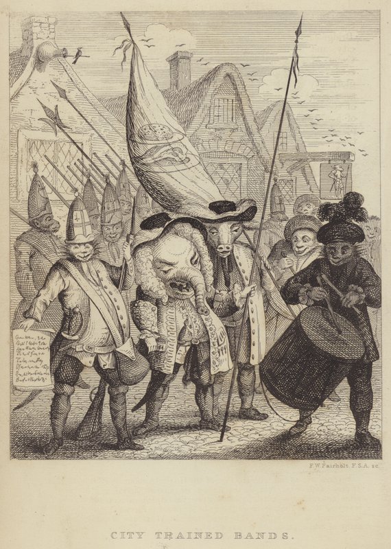 City Trained Bands: satire op de milities die geassocieerd worden met de City of London en de paniek veroorzaakt door de Jacobitische opstand van 1745 door Frederick William Fairholt