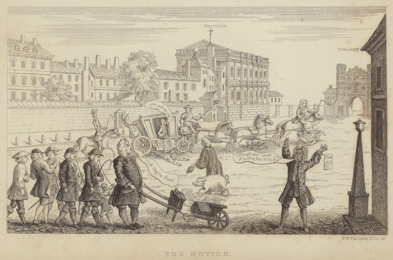 De Motie: satire op de pogingen in het Parlement om Sir Robert Walpole als premier af te zetten in 1741 (gravure) door Frederick William Fairholt