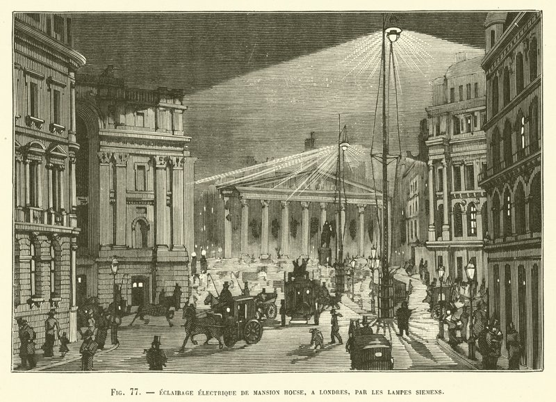 Elektrische verlichting van Mansion House in Londen door Siemens-lampen door French School