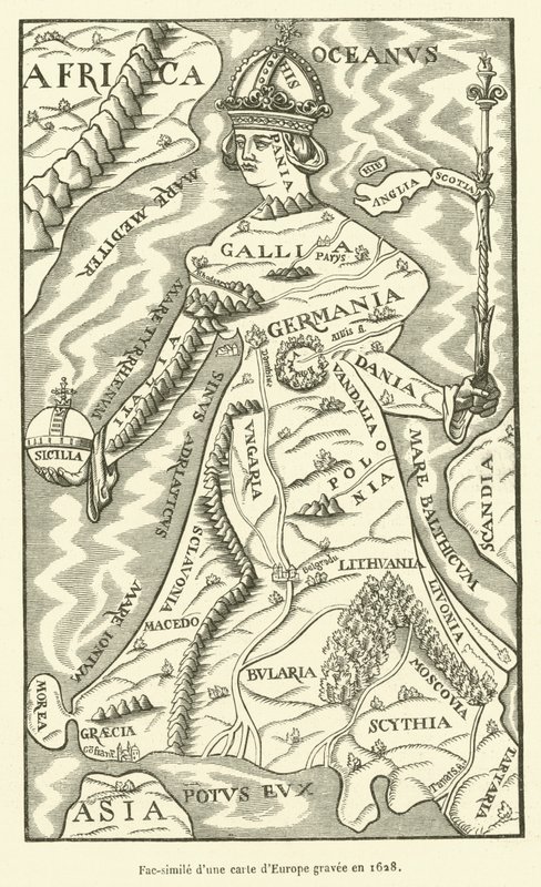 Facsimile van een kaart van Europa gegraveerd in 1628 door French School