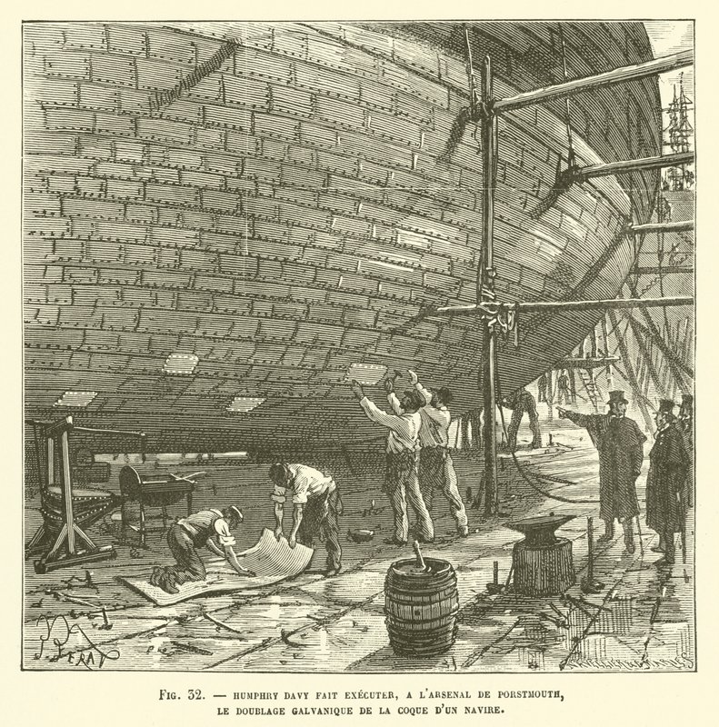 Humphry Davy laat de galvanische bekleding van de romp van een schip uitvoeren in het arsenaal van Portsmouth door French School