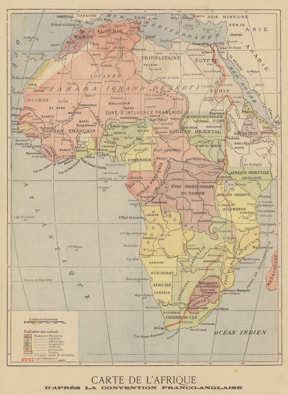 Kaart van Afrika na de ondertekening van de Anglo-Franse overeenkomst van maart 1899 door French School