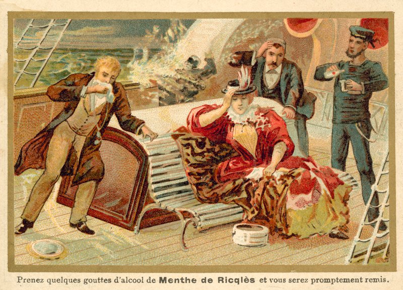 Passagiers op een schip krijgen Ricqles muntgeest om hun zeeziekte te genezen door French School