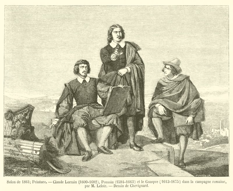 Salon van 1861, Schilderij, Claude Lorrain, 1600-1682, Poussin, 1594-1663, en le Guaspre, 1613-1675, in het Romeinse platteland door French School