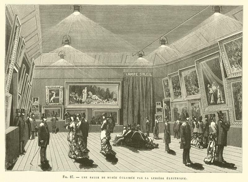 Een museumzaal verlicht door elektrisch licht door French School