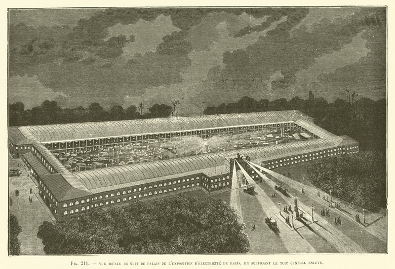 Ideaal nachtzicht van het Paleis van de Elektriciteitstentoonstelling van Parijs, met het centrale dak verwijderd door French School