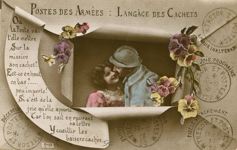 Kaart die het gebruik van ansichtkaarten voor mannen in het leger uitlegt door French Photographer
