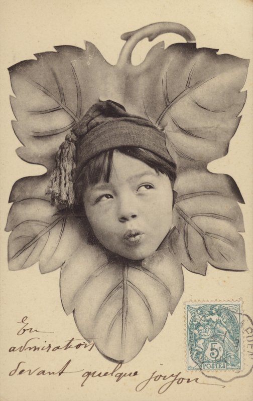 Gezicht van een kleine jongen in het midden van een blad door French Photographer