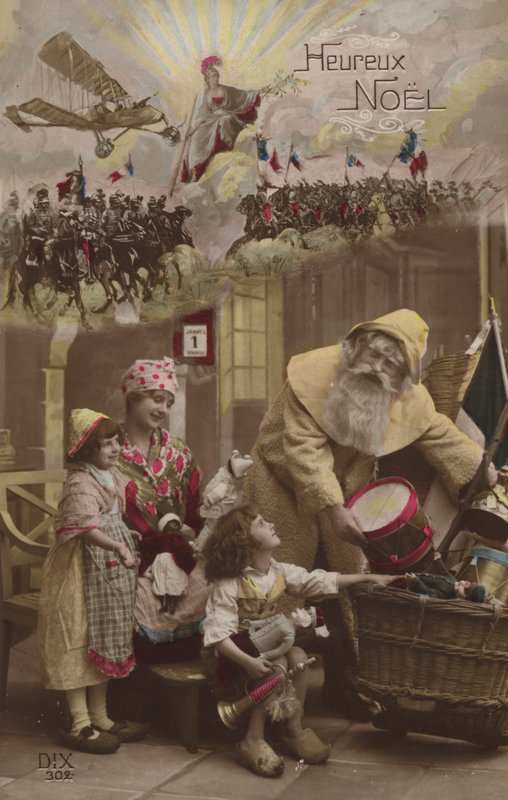 Kerstman geeft cadeautjes aan kinderen, met Eerste Wereldoorlog gevecht op de achtergrond door French Photographer