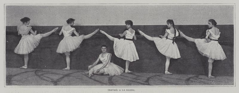 Meisjes die barexercities uitvoeren in een balletles (zwart-wit foto) door French Photographer