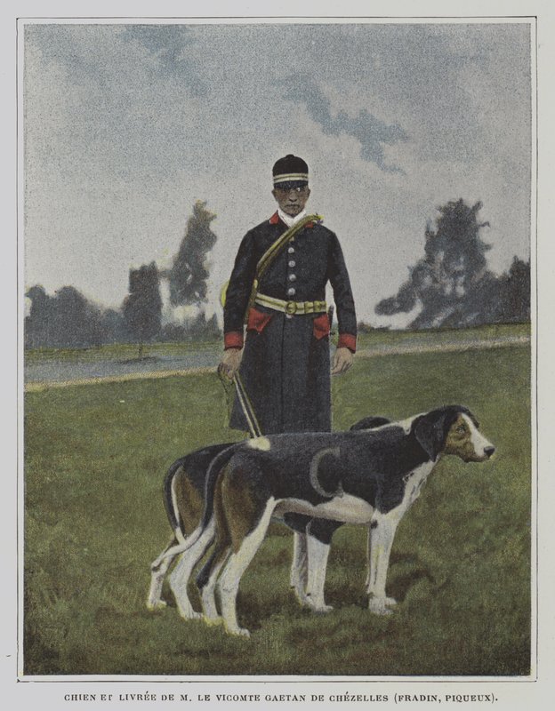 Hond en jager in de livrei van de jacht van Vicomte Gaetan de Chezelles, Frankrijk (kleurenfoto) door French Photographer