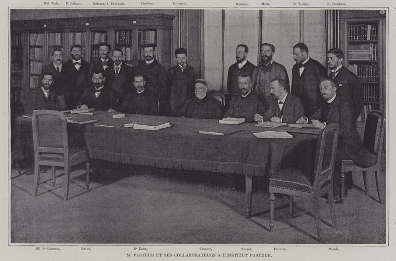 Louis Pasteur en zijn medewerkers werken aan een vaccin voor kroep in het Institut Pasteur in Parijs door French Photographer