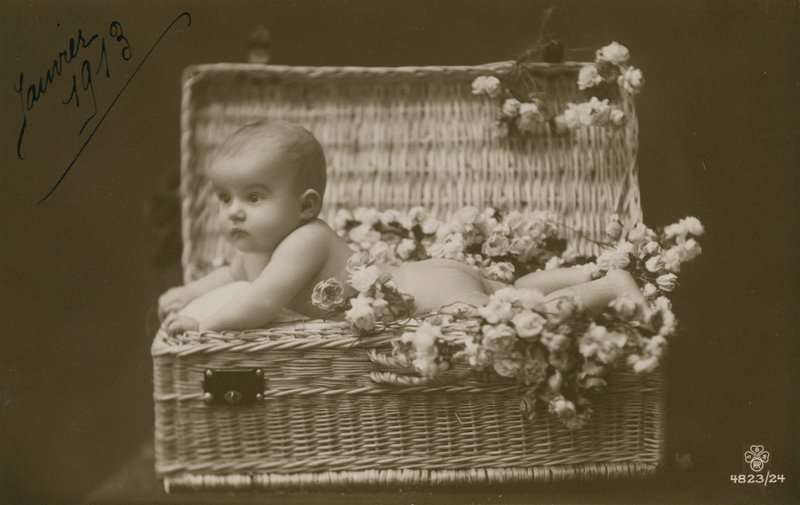 Ansichtkaart van een baby in een rieten mand met bloemen, verzonden in januari 1913 door French Photographer