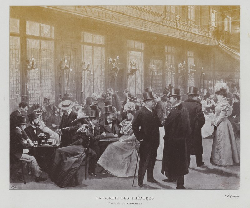 Theaterbezoekers buiten de Taverne Pousset in Parijs na een voorstelling door French Photographer