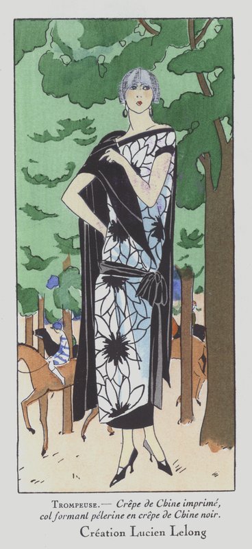 A day at the races - damesmode uit de jaren 1920 van ontwerper Lucien Lelong (kleurenlitho) door French School