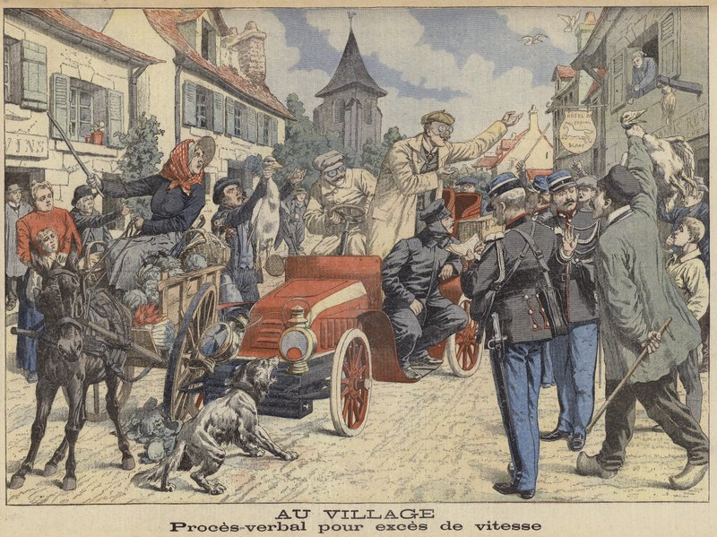 Een bestuurder aangehouden door de politie voor te hard rijden terwijl ze door een dorp rijden (ingekleurde gravure) door French School