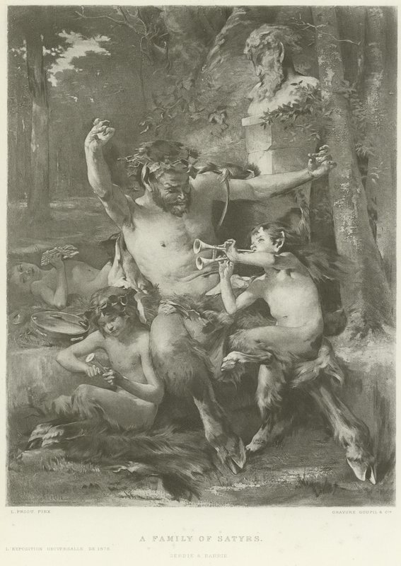 Een familie van saters (gravure) door French School